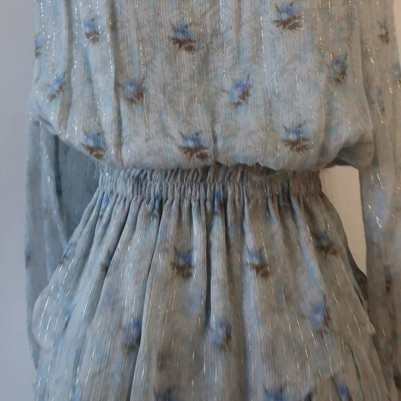 Womens LoveShackFancy Pale Blue Metallic Gold Silk Floral Mini Popover Dress XS - Picture 13 of 15